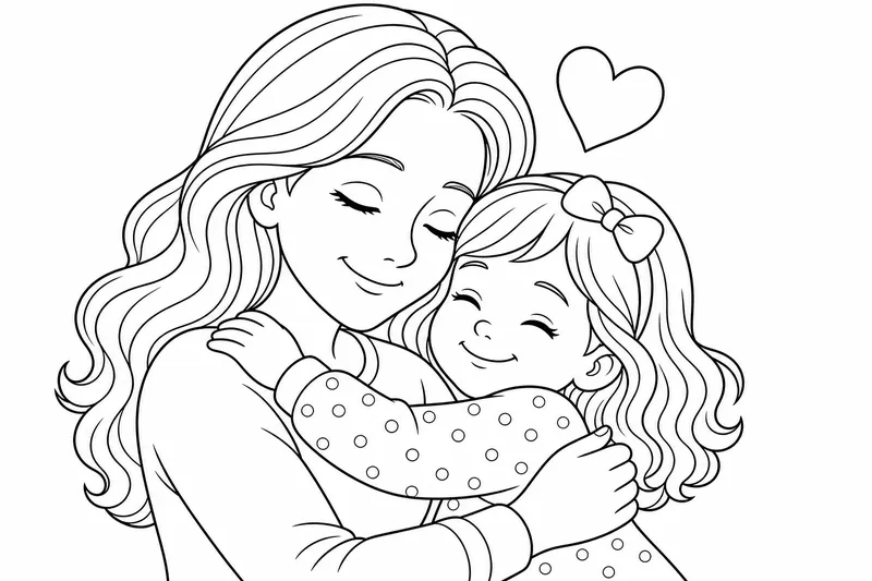 Eine Mutter und ein Kind umarmen sich mit einem Herz über ihnen