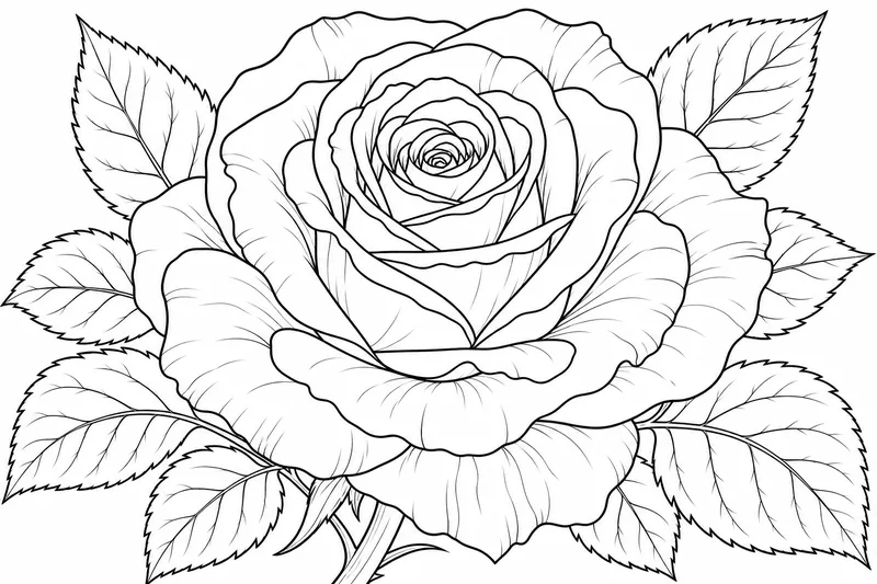 A single large rose with detailed petals and leaves