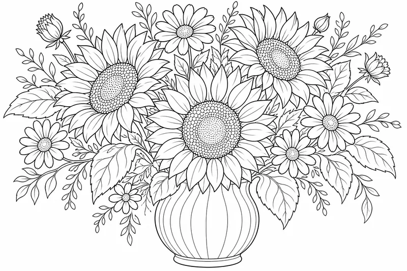 A bunch of sunflowers and daisies in a vase