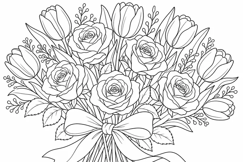 A bouquet of tulips and roses tied with a ribbon