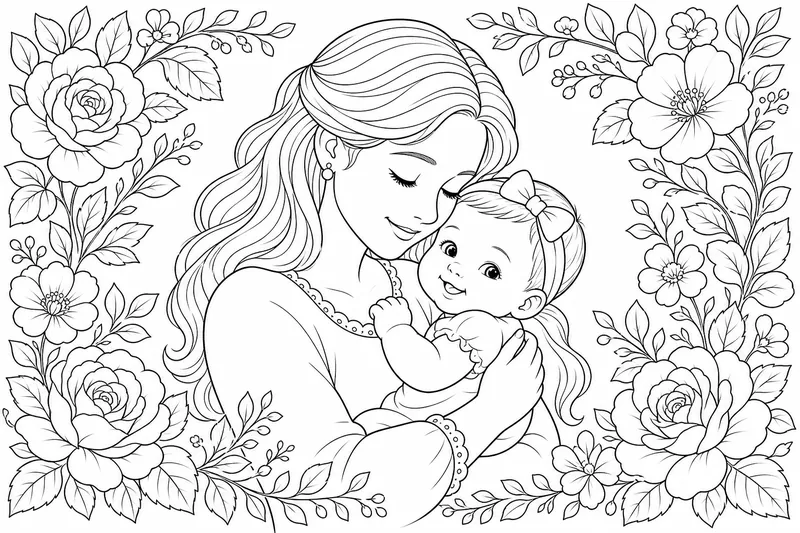 Eine Mutter, die ein Baby mit einem Blumenrand hält