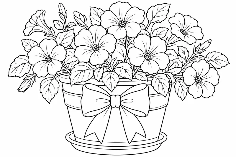 A potted flowering plant with a bow