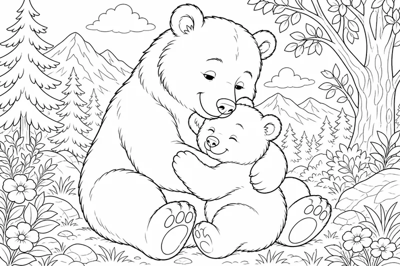 Eine Mutterbärin umarmt ein Babybär
