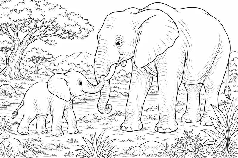 Eine Mutter Elefant und Baby Elefant berühren Rüssel