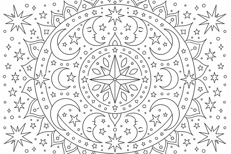 ein kreisförmiges Mandala aus Sternen und Halbmonden