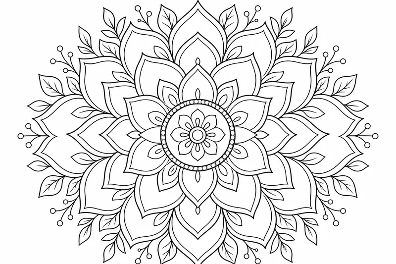 A floral mandala with layered lotus petals opening outward from a round center, soft curved line work and small leaves between the petals