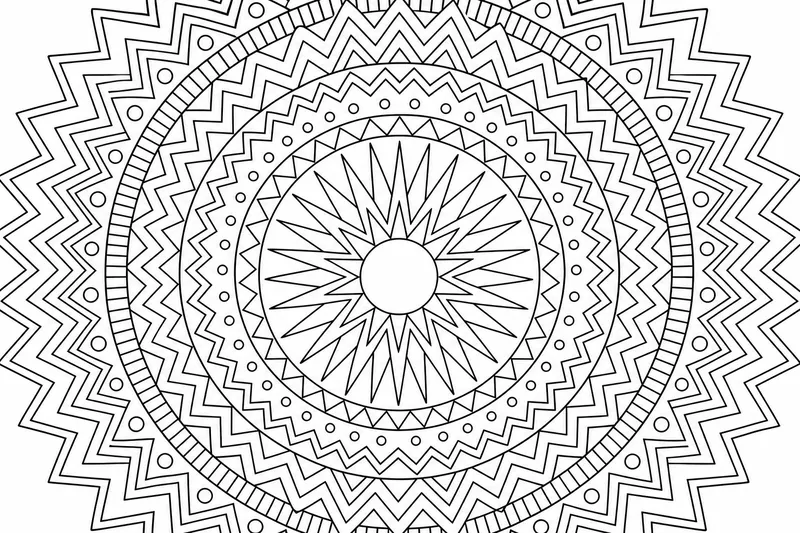 Odvažná geometrická mandala se středem ve tvaru slunečního paprsku a koncentrickými kruhy z cikcak a ševronových pásků, silné symetrické liniové umění