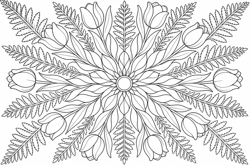 A botanical mandala of tulips and ferns arranged in radial symmetry around a small round center