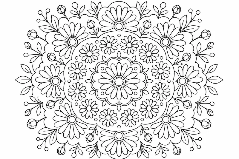 A delicate floral mandala of daisy petals and small buds arranged in symmetrical rings with gentle open spaces