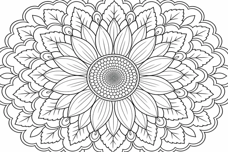 Un mandala floral avec des pétales de tournesol et des bordures de feuilles festonnées se propageant à partir d'un centre rond semé