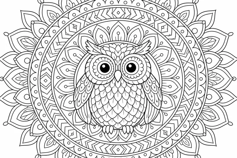 An owl mandala, a round owl in the middle with feather patterns radiating into concentric decorative rings