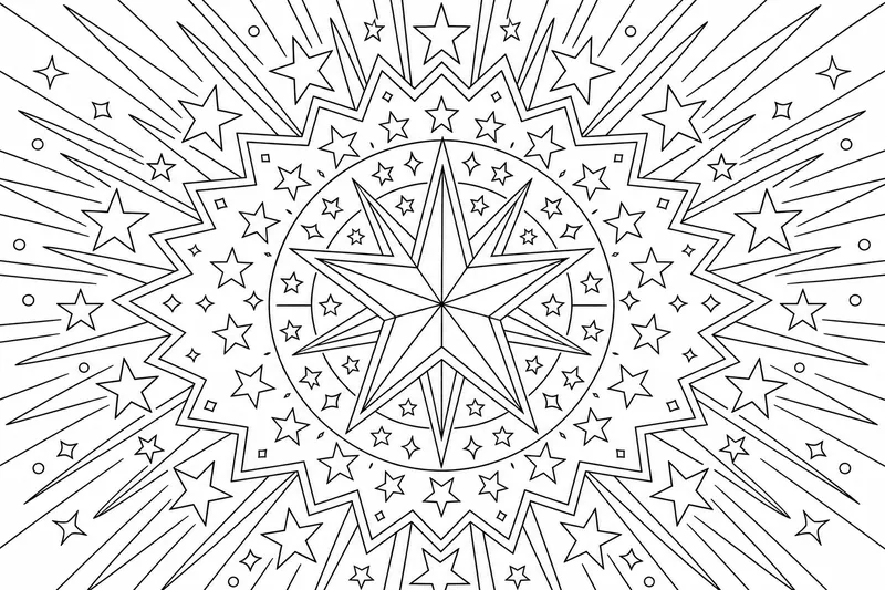 Ein Stern-Mandala mit einem scharfen zentralen Stern und Ringen aus kleineren Sternen und Strahlen, die sich in scharfen symmetrischen Linien nach außen ausbreiten