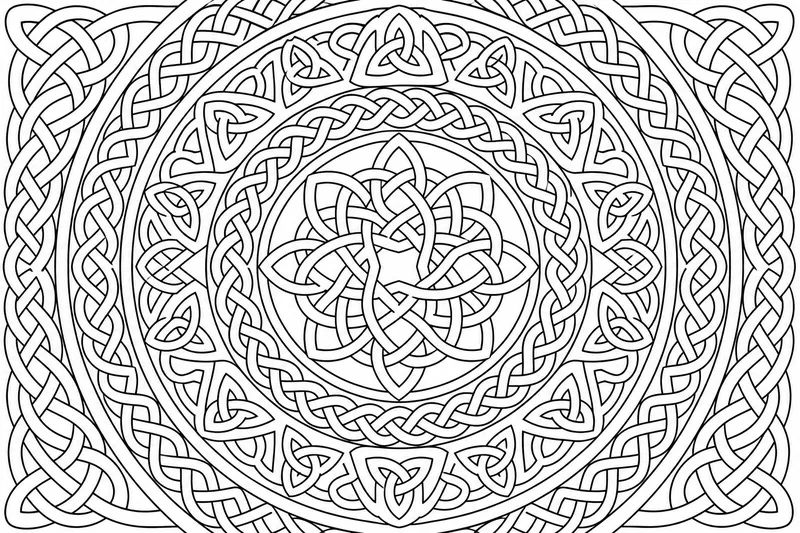 Eine detaillierte geometrische Mandala aus überlappenden verflochtenen Linien, die ein Knotenmuster in konzentrischen Bändern bilden