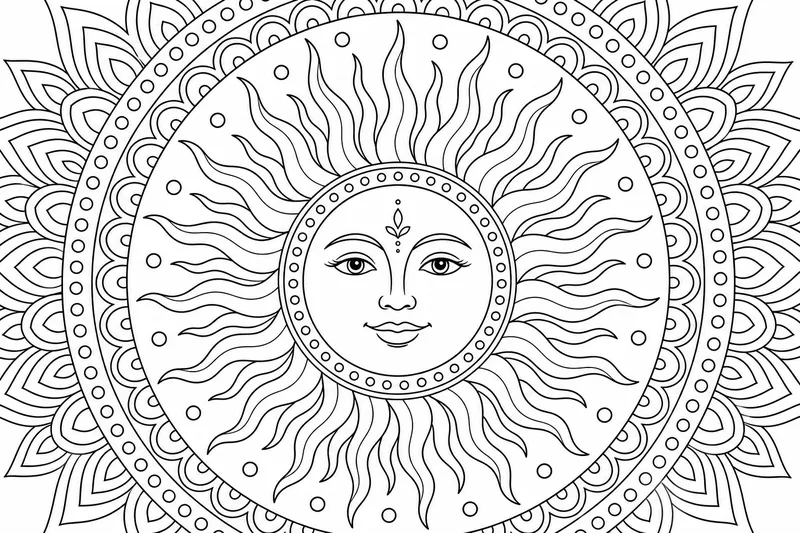 A sun mandala with a gentle sun face at the center and long wavy rays alternating with small dots in concentric circles