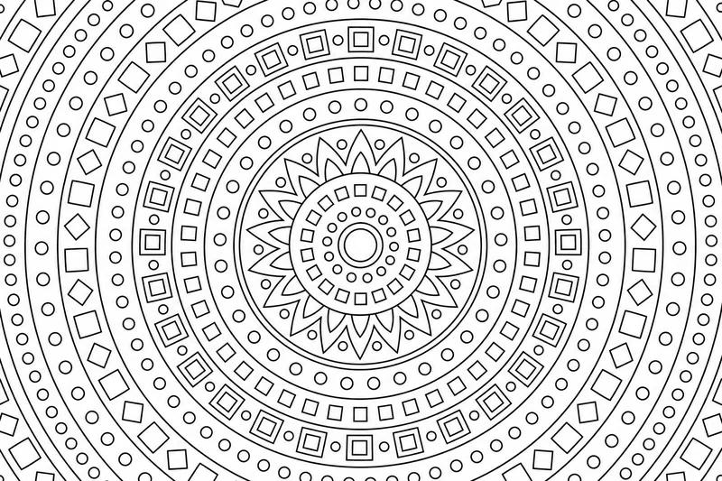 A geometric mandala of nested circles filled with small repeating squares and dots, sharp clean black outlines, balanced radial pattern