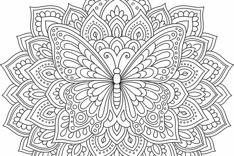 A butterfly mandala, a symmetrical butterfly at the center with wings extending into petal-like rings of pattern