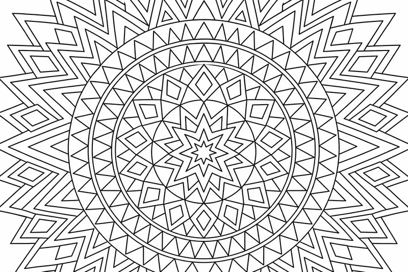 Eine symmetrische geometrische Mandala, die aus konzentrischen Ringen von Dreiecken und Diamanten besteht, die von einem zentralen Stern ausgehen, feine gleichmäßige Linienarbeit, kühne saubere Konturen