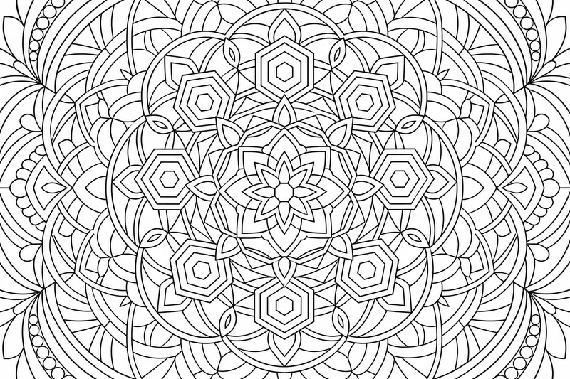Egy bonyolult geometriai mandala nyolcszoros szimmetriával, ismétlődő hatszögekkel és összefonódó ívekkel, amelyek a központból kifelé terjednek