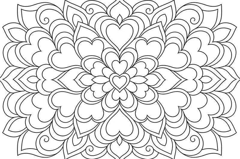Eine Mandala aus ineinandergreifenden Herzen und gekrümmten Blütenblättern, die von einem kleinen zentralen Herz ausstrahlen, ausgewogen und symmetrisch
