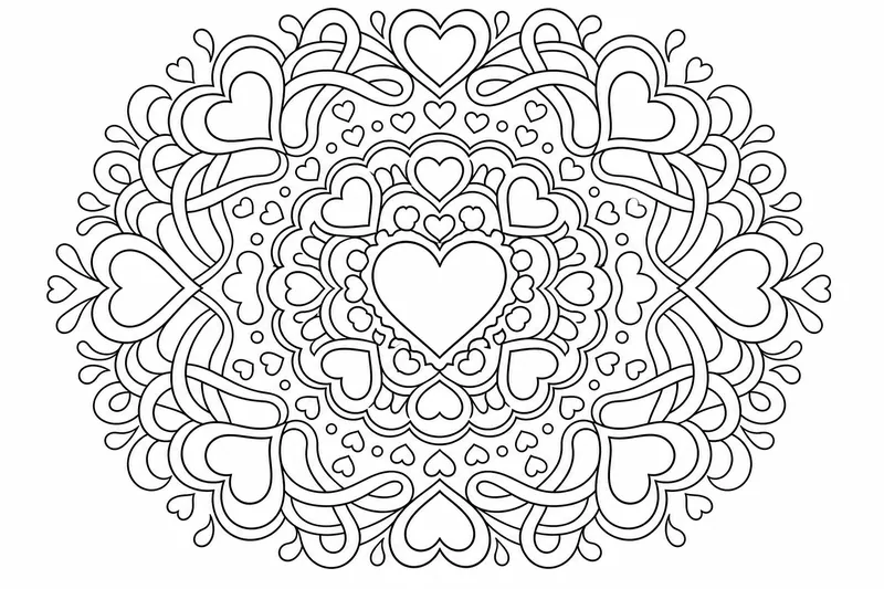 Ein Herz-Mandala mit einem zentralen Herz, umgeben von Ringen kleinerer Herzen und sich windenden Bändern in radialer Symmetrie