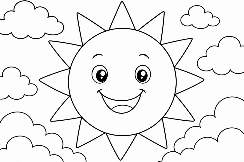 Un soleil rond souriant avec des rayons triangulaires épais et un visage simple et joyeux