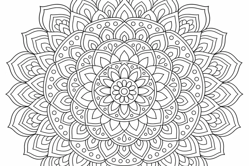 A symmetrical mandala with concentric rings of petals and small repeating shapes