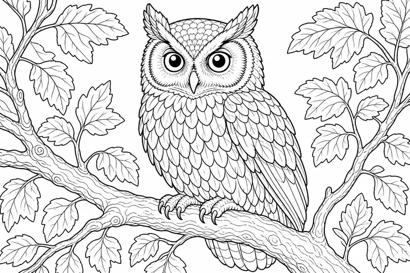 An owl perched on a branch with layered rows of detailed feathers