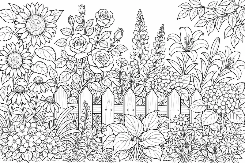 A garden scene packed with many flowers, leaves, and a low picket fence