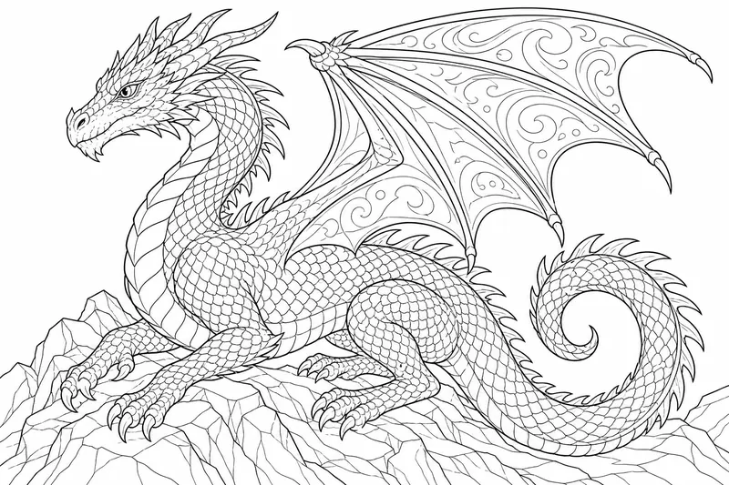 A dragon with a scaled body, patterned folded wings, and a long curling tail