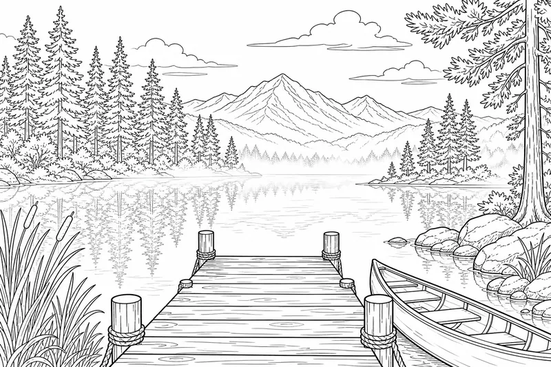 A calm morning lake with mist over the water, pine trees reflected and a wooden dock