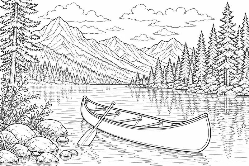 A canoe floating on a quiet mountain lake with forested hills behind it