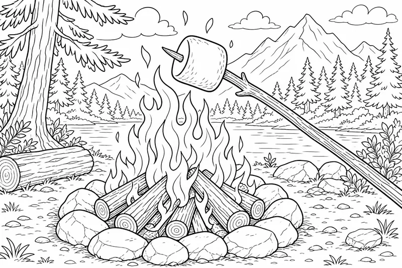 A puffy marshmallow toasting on a long wooden stick over campfire flames