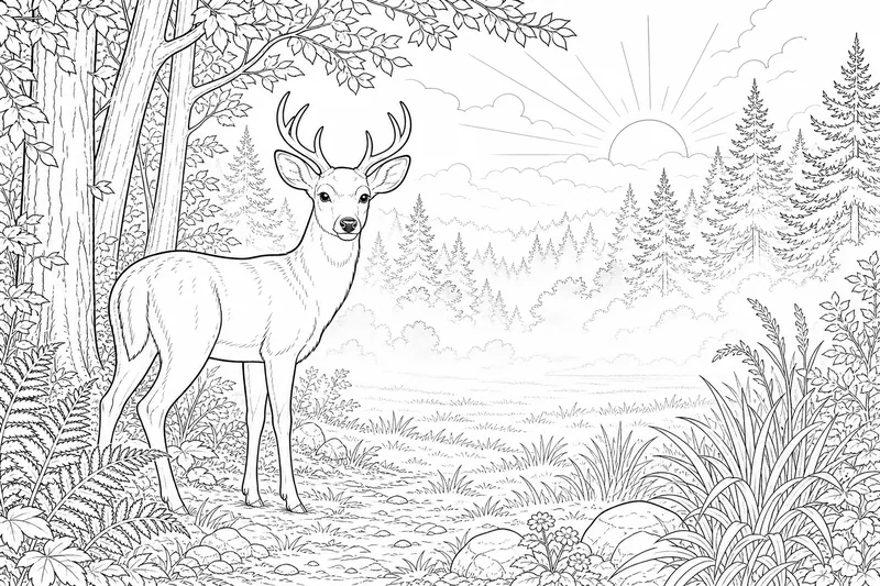 A gentle deer standing at the edge of a forest clearing in morning mist