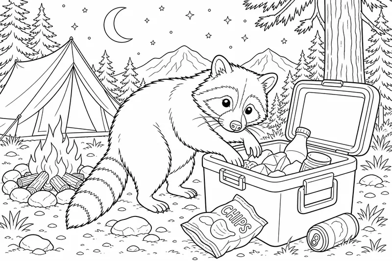 Un raton laveur curieux avec une queue rayée fouillant à côté d'une glacière de camping la nuit