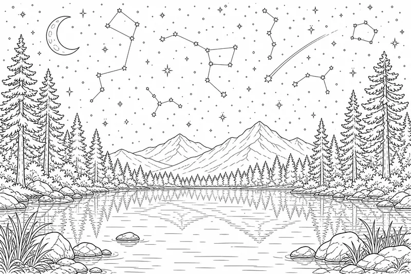 Ein nächtlicher Himmel voller Sterne und Sternbilder über einem ruhigen Waldsee