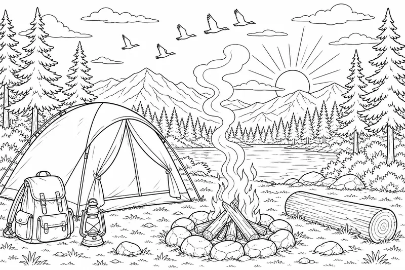 Un camping à l'aube avec une tente, un feu de camp fumant et des oiseaux volant au-dessus des pins