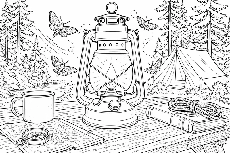 Une lanterne de camping classique brillant sur une table de pique-nique en bois avec des mites qui tournent autour de la lumière