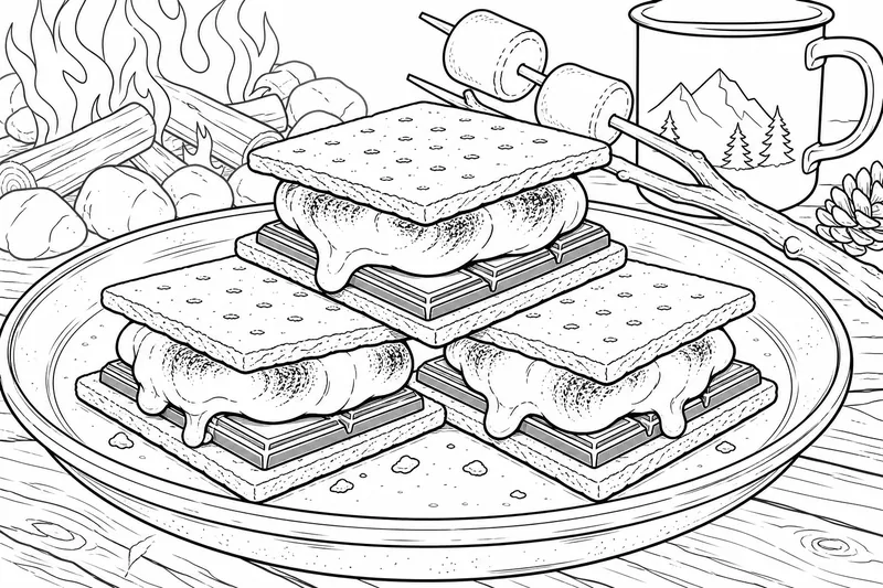 Geröstete Marshmallows und Schokolade zu S'mores auf einem Zinn-Campingteller gestapelt