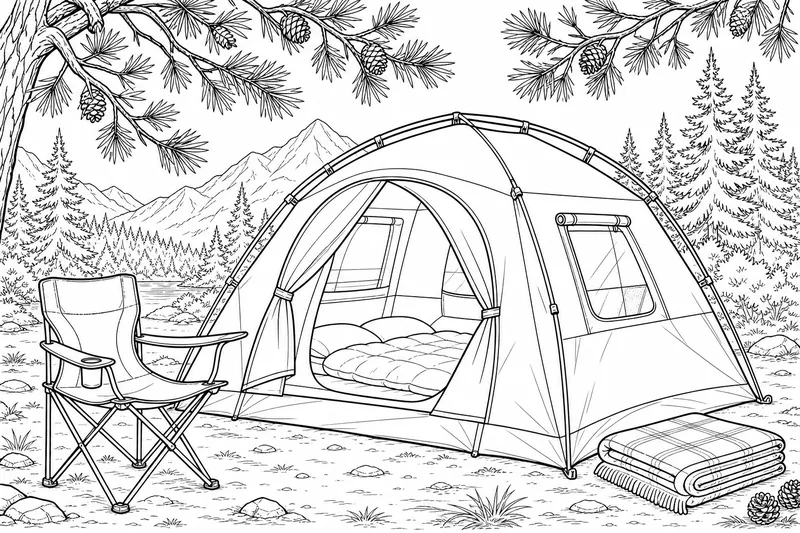 A family tent under pine branches with a camp chair and a folded blanket beside it
