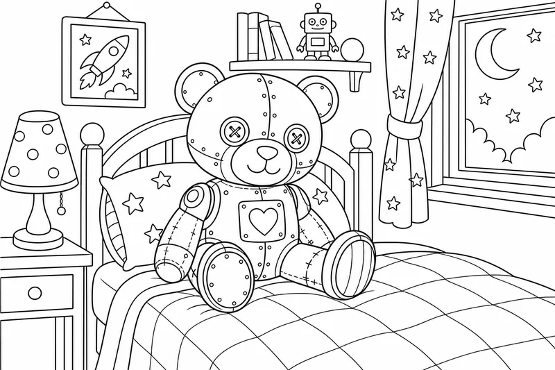 A robot teddy bear with stitched panels and button eyes sitting on a child's bed