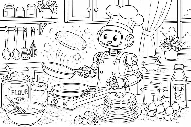 A chef robot flipping pancakes in a cozy kitchen, flour dust in the air