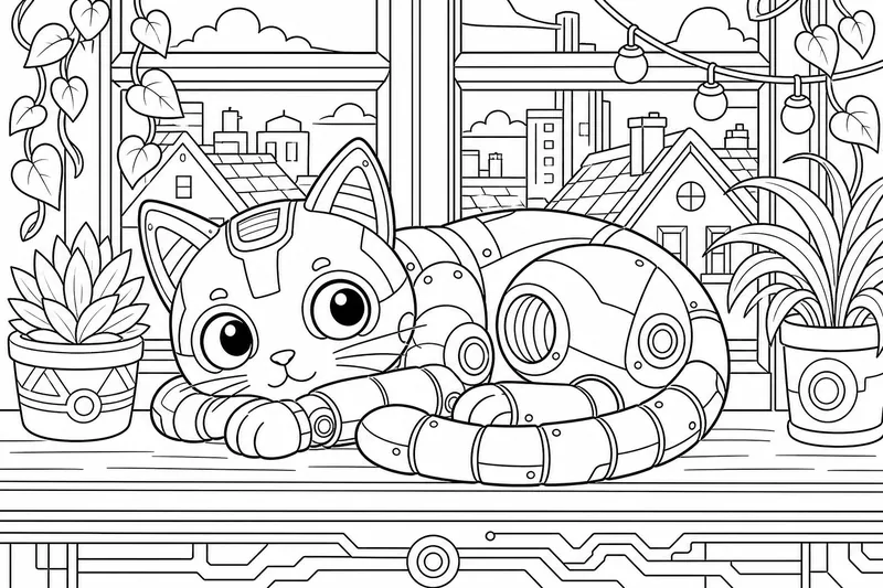 A robot cat curled up on a windowsill, segmented tail and big round eyes