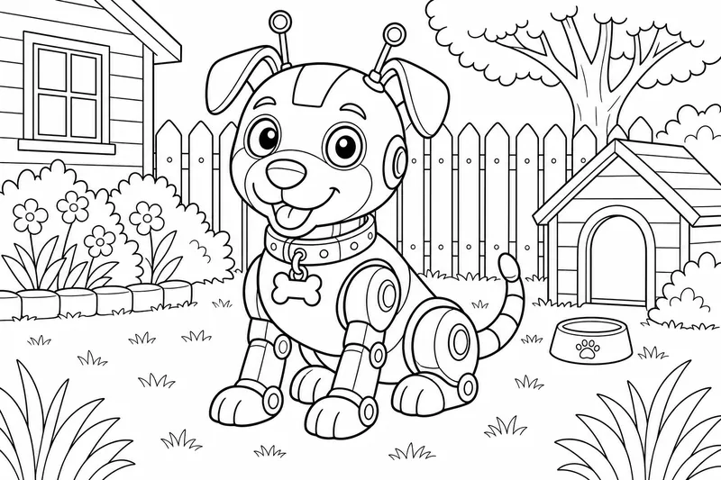 Ein freundlicher Roboterhund mit Halsbandanhänger, Antennenohren und gelenkigen Beinen, der in einem Hinterhof sitzt