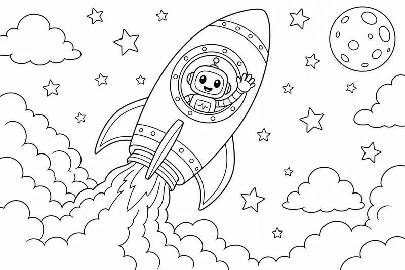 A rocket launching into the sky with a small robot waving from the porthole window