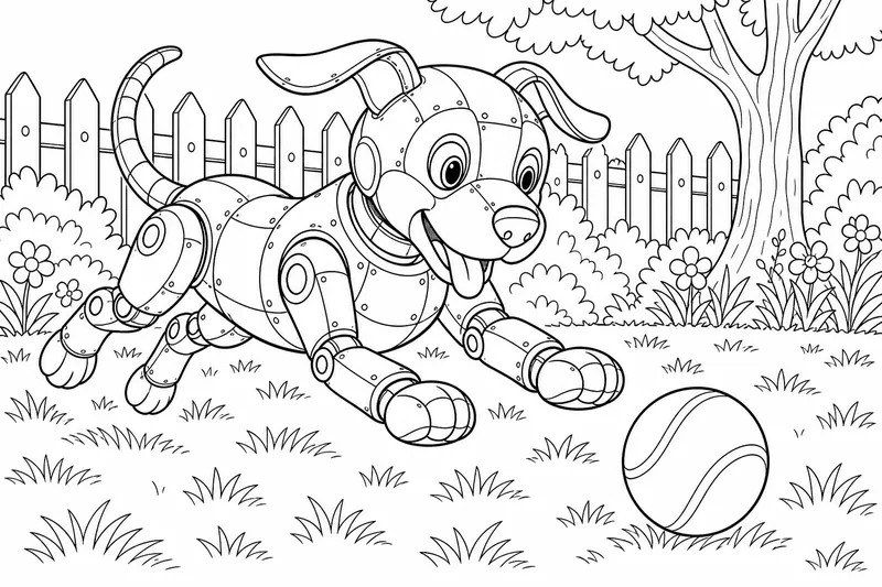 A robot dog chasing a ball across a lawn, panel seams and rivets on its body