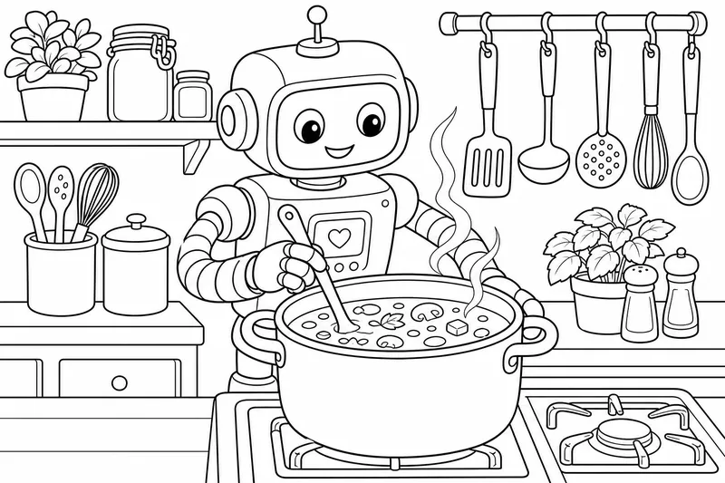 Ein Küchenroboter rührt einen großen Topf Suppe, Utensilien hängen an Haken dahinter