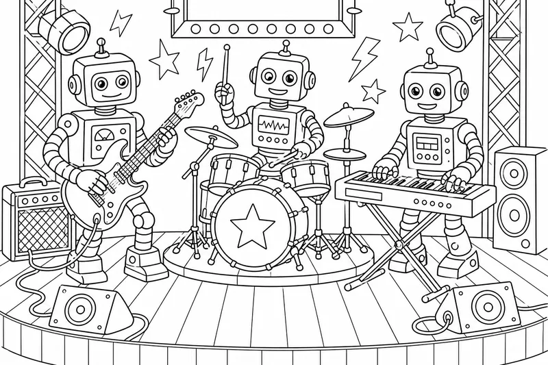 Eine Roboterband mit drei Robotern, die Schlagzeug, Gitarre und Keyboard auf einer kleinen Bühne spielen