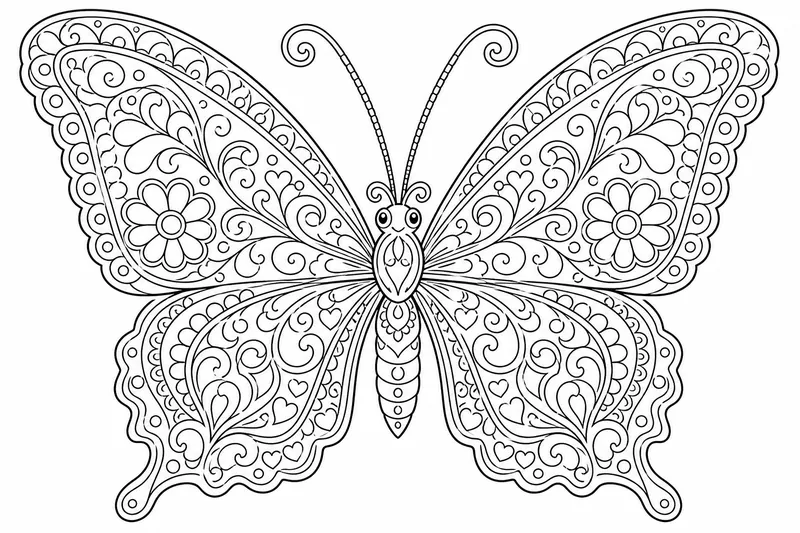 Un papillon fantaisiste avec un travail de volute élaboré comme de la dentelle et de minuscules motifs répétitifs sur les ailes