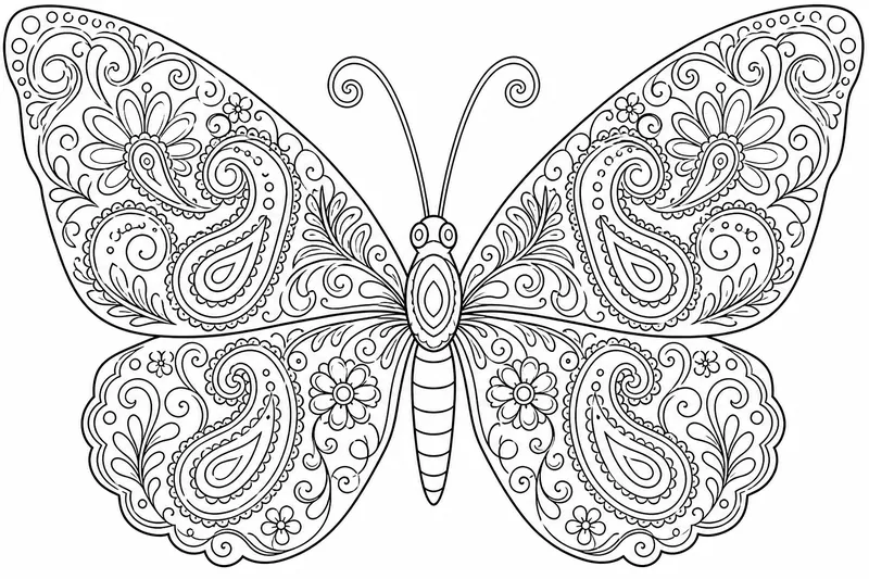 Okázalý vzorovaný motýl s komplikovanými paisley a květinovými detaily rozloženými po celých jeho křídlech