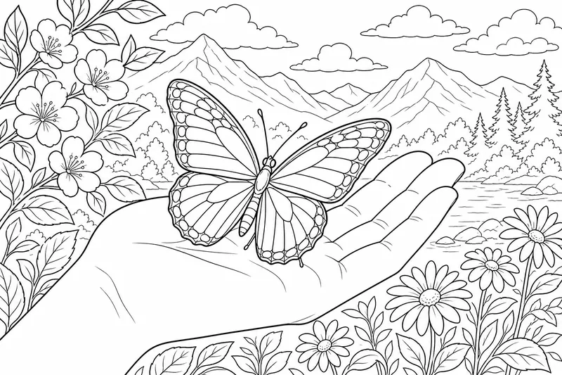 Ein Schmetterling auf einer offenen Hand, Flügel sanft ausgebreitet, weicher einfacher Hintergrund